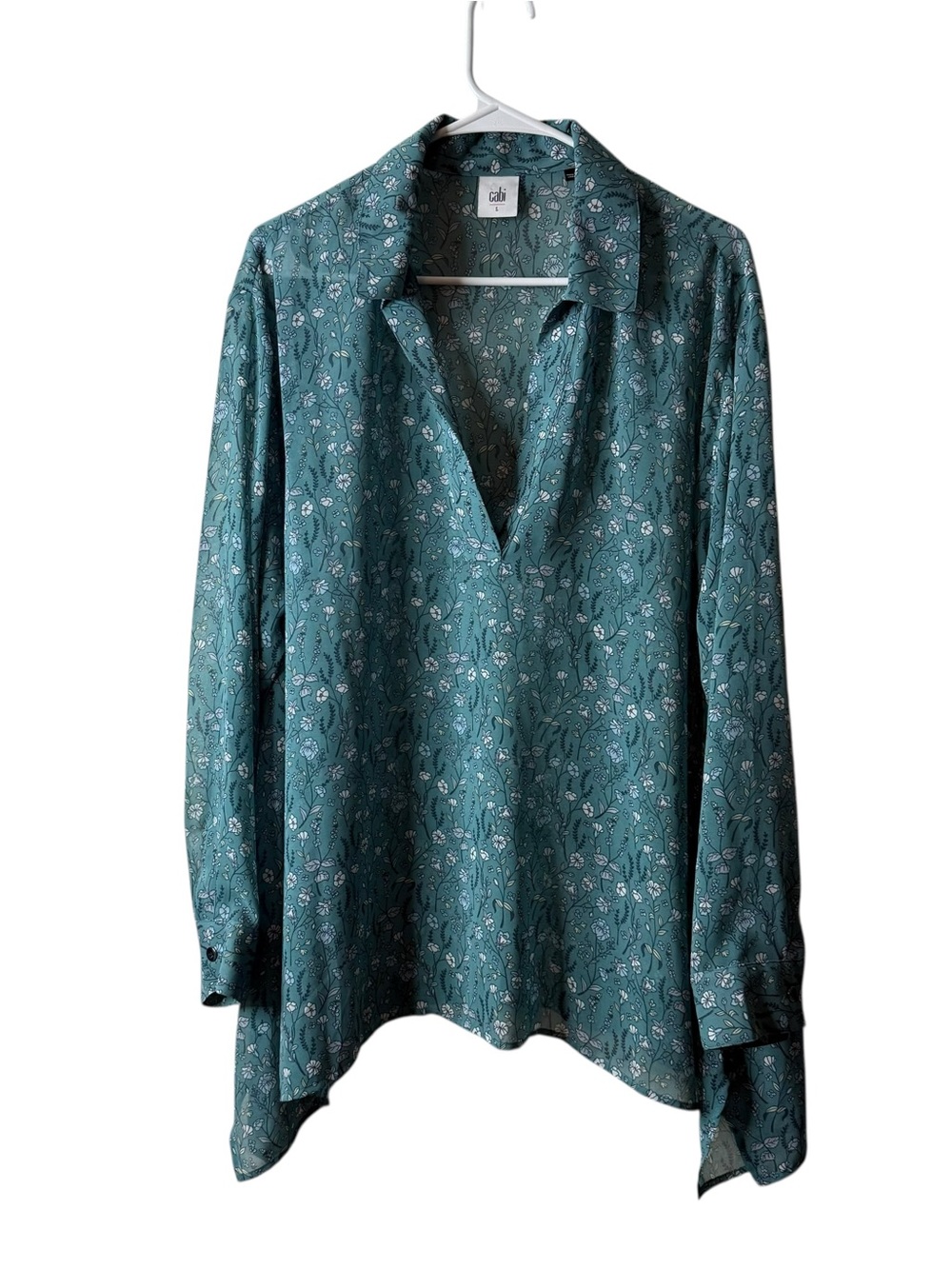 Cabi 3761 Blue Floral Sheer Split Neck Long Sleeve Blouse